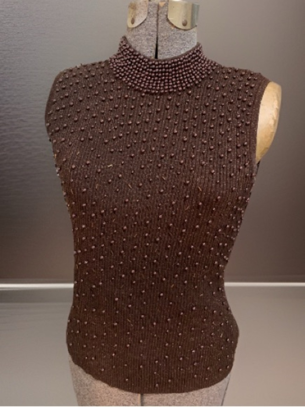 Vintage Brown Beaded Sweater Silk Blend  Women’s Large Sleeveless Ribbed Top By